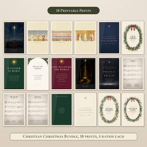 Grid showing all 18 printable prints in the Christian Christmas Bundle, with an 18 Printable Prints badge above three rows of coordinated wall art. Painted Nativity scenes, glowing Bethlehem stars, Christmas scripture, watercolor wreaths and vintage hymn pages appear in cream, forest green, midnight blue, gold and burgundy.