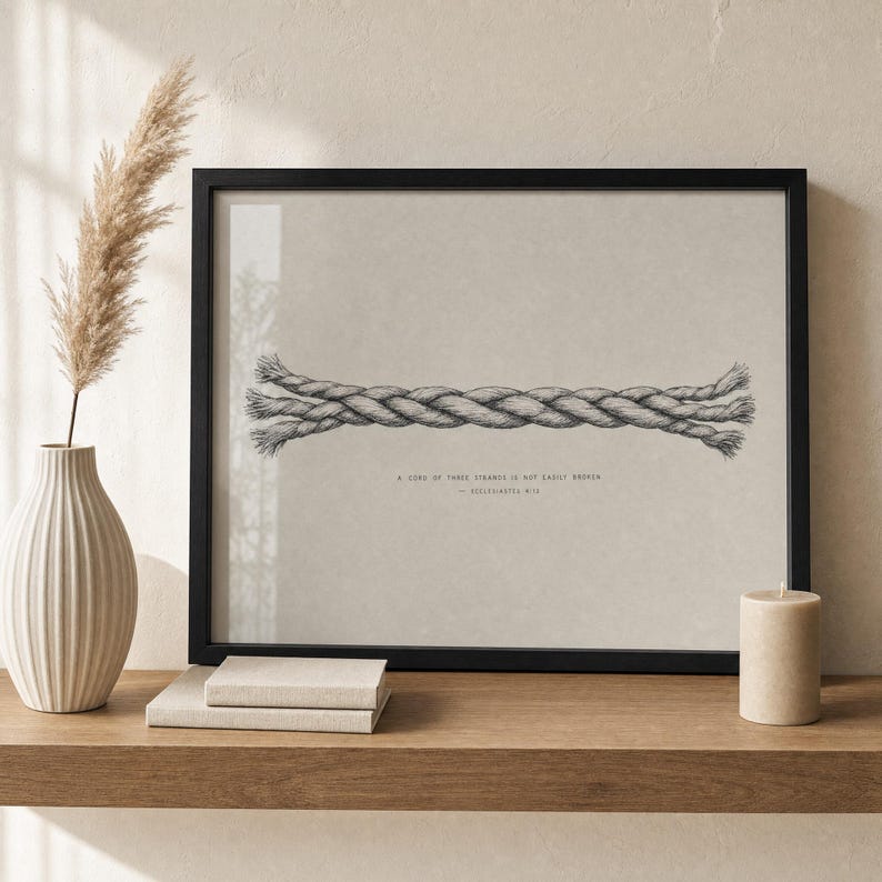 Cord of Three Strands print framed in matte black wood, leaning on an oak shelf next to a ribbed ceramic vase with pampas grass, linen books, and a beige candle. Christian wedding marriage wall art, Ecclesiastes 4:12, hand-drawn premium digital download.