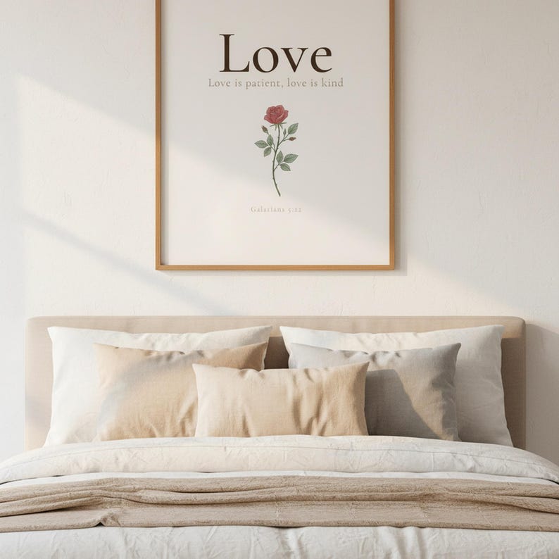 Love Fruit of the Spirit Christian wall art print featuring Galatians 5:22, with beautiful red rose botanical illustration, in minimalist botanical watercolor illustration on warm cream background with elegant serif typography, photographed in beautiful close-up detail showing the premium glass frame reflection, the crisp typography and the intricate artistic details of the design