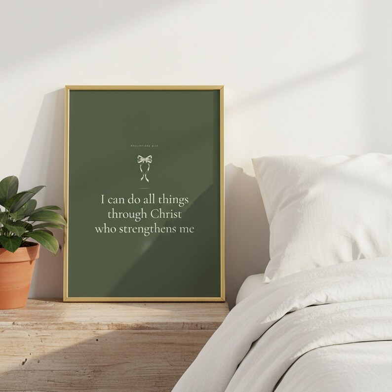 Sage coquette christian wall art bundle — Philippians 4:13 I Can Do All Things scripture print in thin gold frame, close-up detail shot on cream backdrop, elegant coquette scripture sage green art, subtle christian art digital download from TheFramedVerse Etsy, dorm room wall art aesthetic