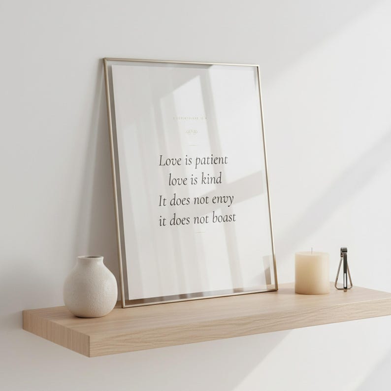 Christian Wedding Wall Art Set of 3 Bible Verse Prints Love Is Patient, — "Love is patient, love is kind. It does not envy, it does not boast", in romantic wedding typography with elegant calligraphy, delicate gold ornamental accents on warm blush background, presented as an elegant flat lay on white marble surface alongside a fountain pen and fresh eucalyptus sprig