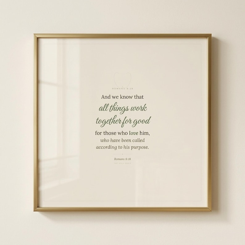 Romans 8:28 farmhouse scripture wall art print featuring All Things Work Together for Good bible verse in elegant calligraphy script and warm sage green tones on linen textured background. Christian home decor printable with laurel wreath motif, perfect as baptism gift, housewarming gift, or bedroom wall art. Digital download, high resolution 300 DPI.