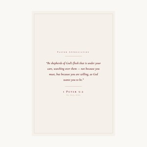 Extreme close-up macro of 1 Peter 5:2 Be Shepherds of God's Flock scripture print on premium archival matte paper, showing paper texture and crisp charcoal typography detail, clean editorial product shot, pastor appreciation christian wall art digital download from TheFramedVerse, pastoral gifts thank you pastor