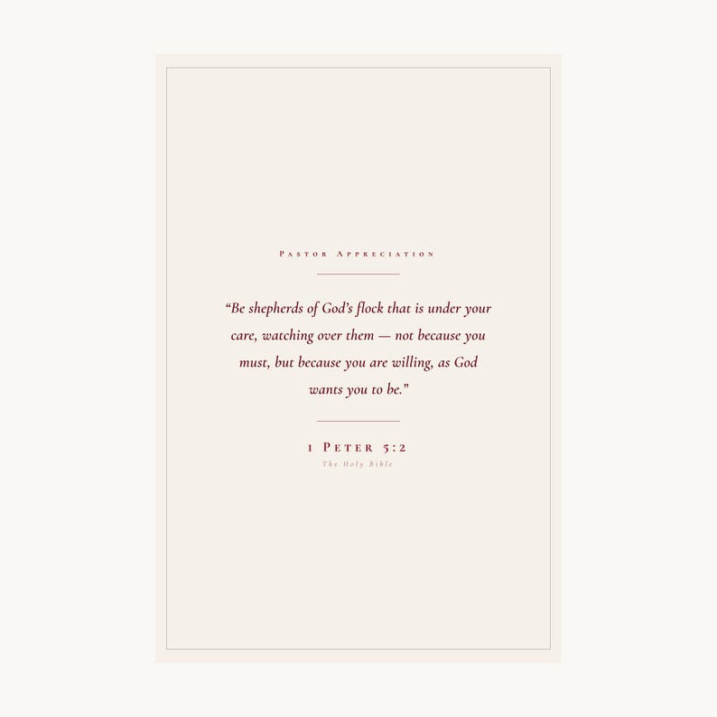 Extreme close-up macro of 1 Peter 5:2 Be Shepherds of God's Flock scripture print on premium archival matte paper, showing paper texture and crisp charcoal typography detail, clean editorial product shot, pastor appreciation christian wall art digital download from TheFramedVerse, pastoral gifts thank you pastor