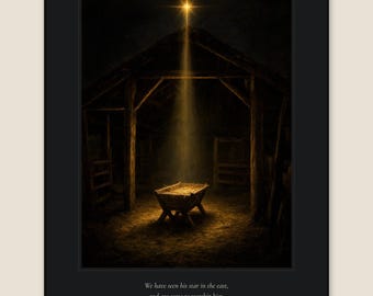 Estrella sobre el pesebre: Mateo 2 2 Lámina de la Natividad, Hemos visto su estrella, Arte bíblico navideño vintage, Decoración cristiana