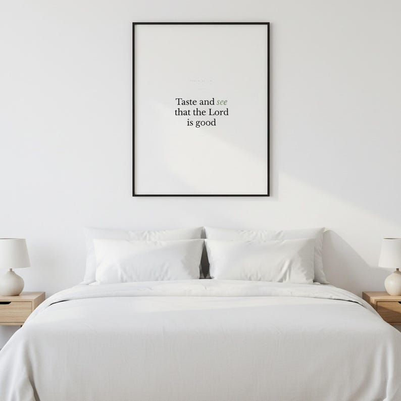 Psalm 34:8 Wall Art Taste and See That the Lord Is Good Minimalist Scripture Pri — front facing framed mockup on clean white wall with shadow. This modern minimalist christian scripture wall art print features beautiful serif typography on warm cream background. Psalm 34:8 bible verse digital download printable for home office bedroom living room gallery wall decor. Perfect christian gift idea ...