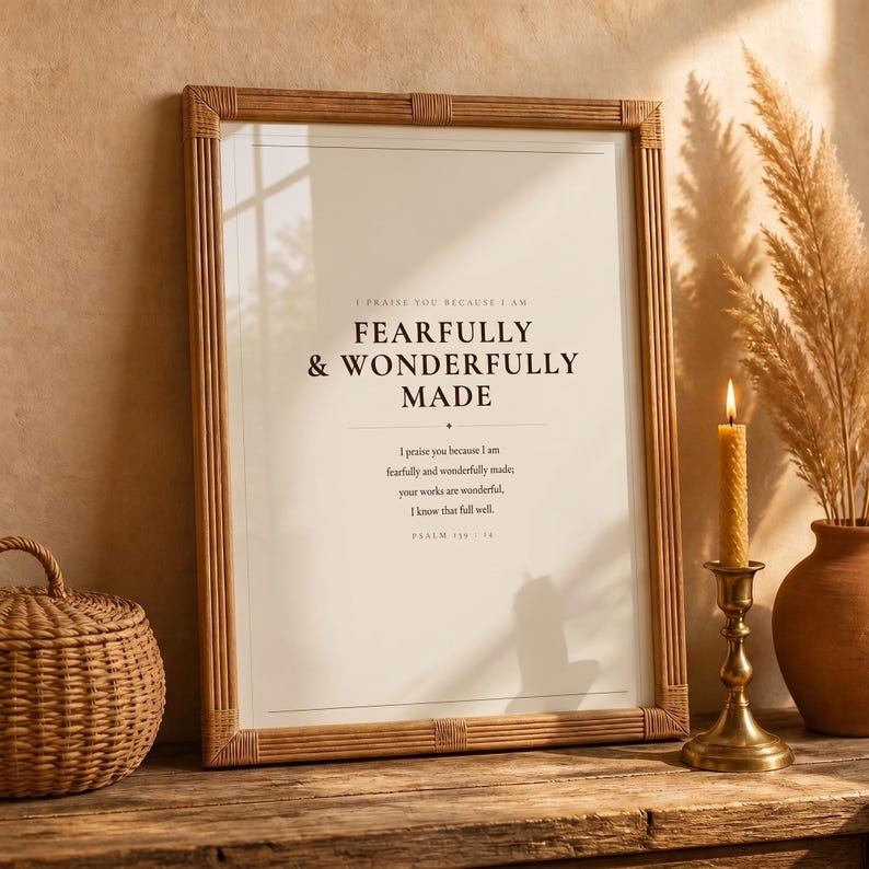 Styled shelf scene with the framed design beside an open Bible, natural botanicals, ceramics, and warm ambient light. The Fearfully and Wonderfully Made artwork uses minimalist boho typography in beige, brown, and black. This Psalm 139:14 print suits a nursery, baptism gift, baby dedication, bedroom, or quiet Christian reading corner as printable digital wall art.