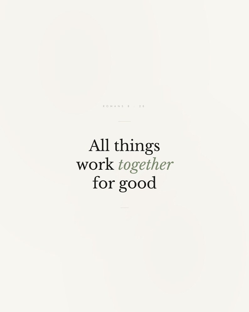 Romans 8:28 Wall Art All Things Work Together for Good Minimalist Scripture Prin — hero framed product shot with glass reflection and premium frame. This modern minimalist christian scripture wall art print features beautiful serif typography on warm cream background. Romans 8:28 bible verse digital download printable for home office bedroom living room gallery wall decor. Perfect christian gif...