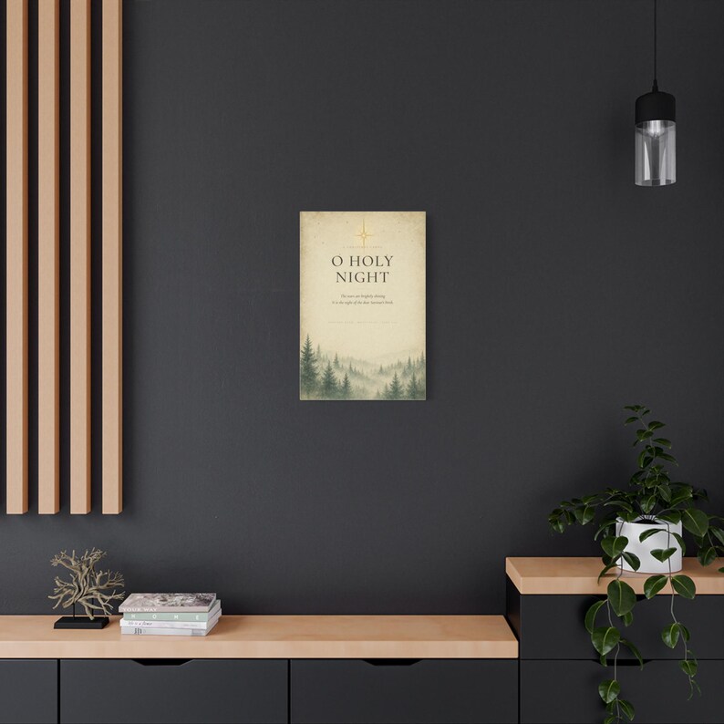 Elegant O Holy Night typography combines refined serif lettering, softly aged cream vintage paper, a golden Star of Bethlehem, and a fading misty evergreen forest. Inspired by Adolphe Adam's Christmas carol composed in 1847 and Luke 2:11, the warm neutral artwork is printed on stretched canvas. This straight product presentation clearly shows the full design and canvas proportions.