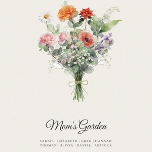 Eight person neutral birth flower bouquet showing the fullest personalization option for the 16x20 family canvas. Eight watercolor stems represent eight birth months, with each name beneath its flower and a custom title completing the design. This clean front view shows how children, grandchildren or siblings fit into one personalized canvas wall art keepsake without a Bible verse.