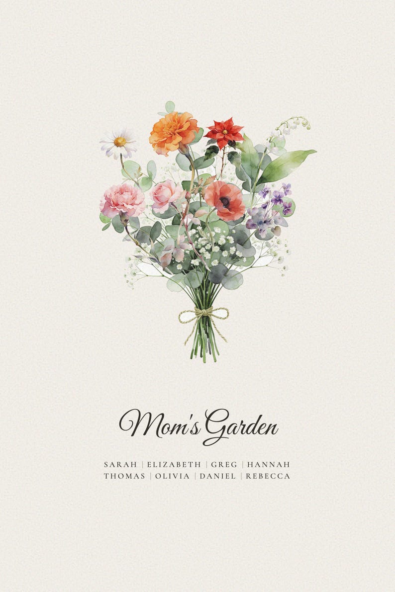 Eight person neutral birth flower bouquet showing the fullest personalization option for the 16x20 family canvas. Eight watercolor stems represent eight birth months, with each name beneath its flower and a custom title completing the design. This clean front view shows how children, grandchildren or siblings fit into one personalized canvas wall art keepsake without a Bible verse.
