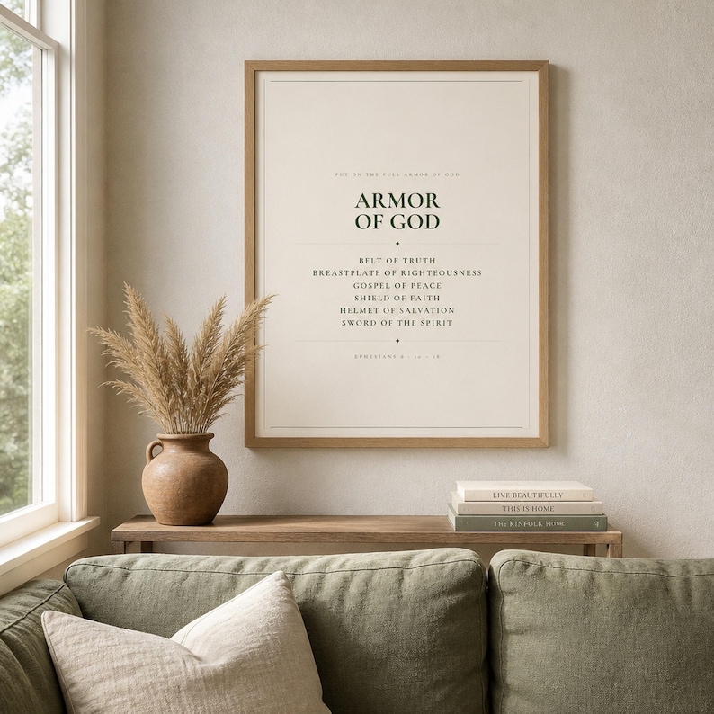 Warm lifestyle room with the framed design on a soft cream wall beside neutral decor and natural window light. The Armor of God artwork features Ephesians 6 in bold minimalist forest green typography on warm beige. This Armor of God print suits a boys room, confirmation gift, baptism, Sunday school space, or Christian bedroom as printable digital wall art.