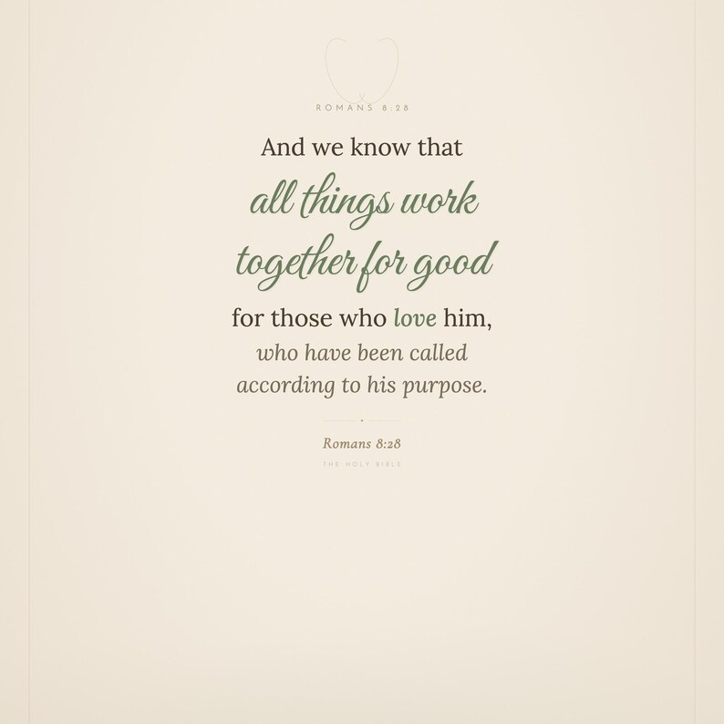 Romans 8:28 farmhouse scripture wall art print featuring All Things Work Together for Good bible verse in elegant calligraphy script and warm sage green tones on linen textured background. Christian home decor printable with laurel wreath motif, perfect as baptism gift, housewarming gift, or bedroom wall art. Digital download, high resolution 300 DPI.