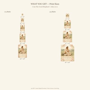 What you get with I Am The Good Shepherd John 10:11 watercolor print — 2 high-resolution digital JPG files at 300 DPI in 2:3 ratio (4x6 to 24x36) and 4:5 ratio (4x5, 8x10, 11x14, 16x20). Print at home or local print shop. Christian wall art digital download for instant access — baptism gift, christian nursery.