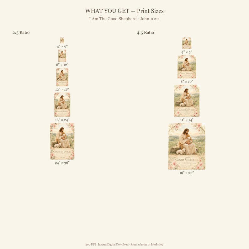 What you get with I Am The Good Shepherd John 10:11 watercolor print — 2 high-resolution digital JPG files at 300 DPI in 2:3 ratio (4x6 to 24x36) and 4:5 ratio (4x5, 8x10, 11x14, 16x20). Print at home or local print shop. Christian wall art digital download for instant access — baptism gift, christian nursery.