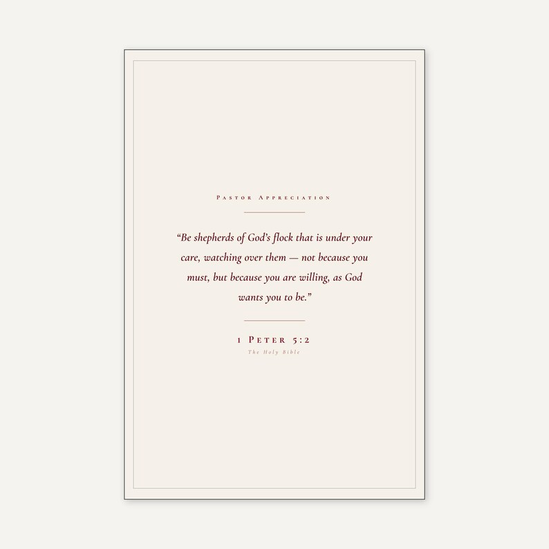1 Peter 5:2 Be Shepherds scripture print in thin black frame on white marble surface, single olive branch casting soft shadow, two unlit votive candles, warm beige textured wall, bright morning light with clean glass reflection, editorial still life pastor appreciation christian print from TheFramedVerse