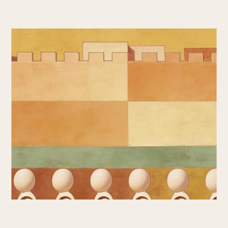 Close detail of The Walls of Jericho, highlighting the golden horns, repeating robes, crenellated walls, warm blocks of color, and aged plaster texture. The crop reveals softly modeled faceless forms, muted pigment transitions, fine cracks, and paperlike texture in the modern fresco illustration. This view focuses on the artwork surface rather than frame or room styling.