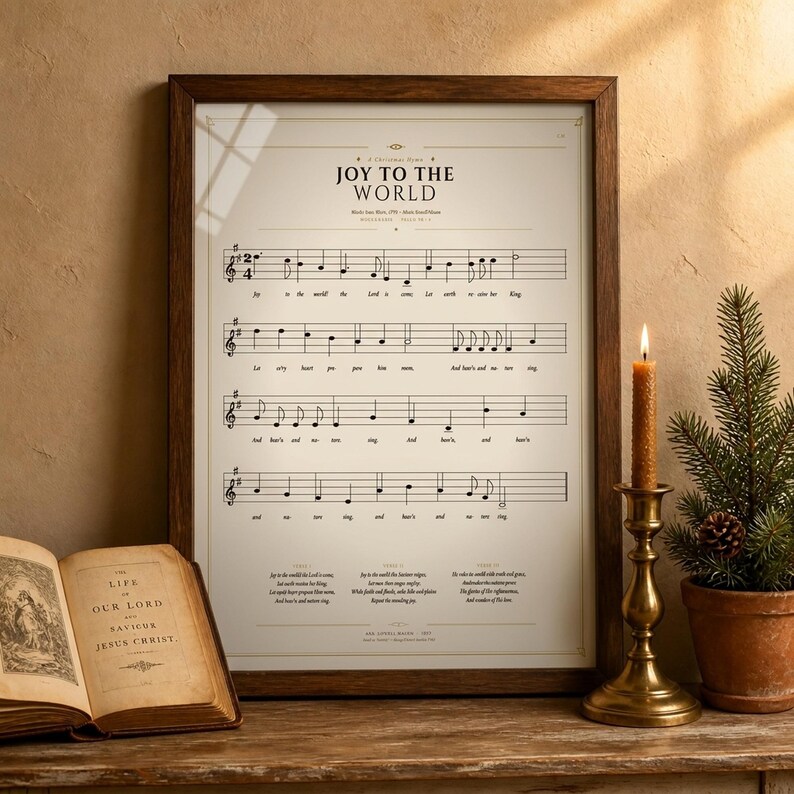 Joy to the World vintage hymnal print in a rustic walnut frame leaning on an antique console, an open vintage hymnal book beside it, a brass candlestick with beeswax candle, a sprig of holly and a dried orange slice, warm golden light. Cottage Christmas faith home decor, single Psalm 98:4 carol hymn print digital download TheFramedVerse.