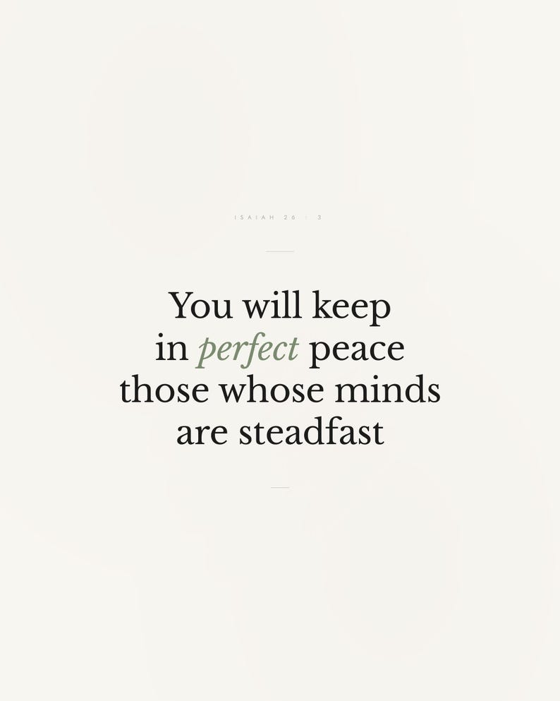 Isaiah 26:3 Wall Art You Will Keep in Perfect Peace Minimalist Scripture Print B — hero framed product shot with glass reflection and premium frame. This modern minimalist christian scripture wall art print features beautiful serif typography on warm cream background. Isaiah 26:3 bible verse digital download printable for home office bedroom living room gallery wall decor. Perfect christian gif...