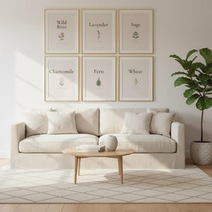 Vintage Botanical Print Set, Neutral Floral Gallery Wall Art, in elegant Mother's Day design with soft pink watercolor botanical flowers and graceful serif typography, displayed in a beautifully styled modern living room above a warm wooden sideboard with soft natural light creating gentle shadows on the frame, — a meaningful mothers day gift and beautiful Christian home decor