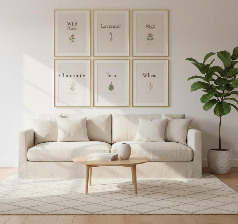 Vintage Botanical Print Set, Neutral Floral Gallery Wall Art, in elegant Mother's Day design with soft pink watercolor botanical flowers and graceful serif typography, displayed in a beautifully styled modern living room above a warm wooden sideboard with soft natural light creating gentle shadows on the frame, — a meaningful mothers day gift and beautiful Christian home decor