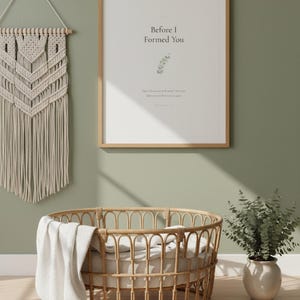 Jeremiah 1 5 Before I Formed You Nursery Bible Verse Print Christian Wall Art, in gentle sage green nursery design with soft botanical watercolor illustration, calming earth tones and tender serif typography, presented showing all included print sizes from 5x7 to 16x20 plus A4 and A3, available in JPG and PDF at 300 DPI — perfect for printing and framing in any nursery or child's room