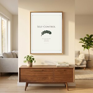 Galatians 5 scripture wall art print — additional mockup view showing the print in an alternative room setting with modern interior design elements This vintage rustic, gallery wall set christian wall art features beautiful typography as a printable bible verse decor piece. Digital download from TheFramedVerse on Etsy, perfect as christian gift idea or home decoration.