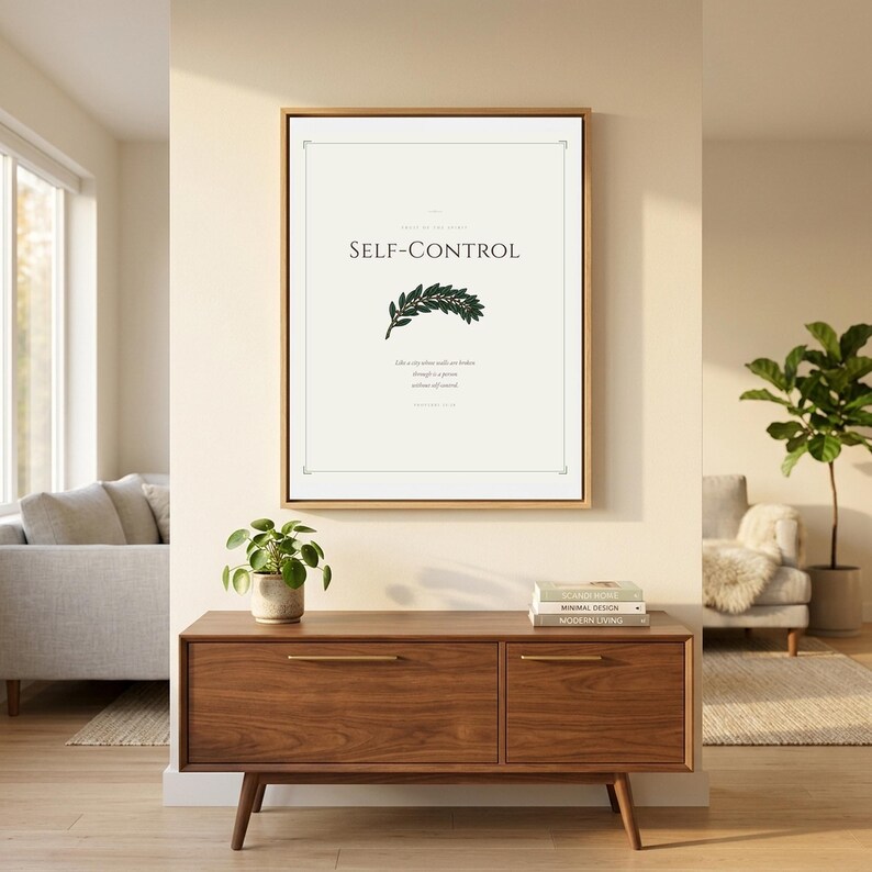 Galatians 5 scripture wall art print — additional mockup view showing the print in an alternative room setting with modern interior design elements This vintage rustic, gallery wall set christian wall art features beautiful typography as a printable bible verse decor piece. Digital download from TheFramedVerse on Etsy, perfect as christian gift idea or home decoration.