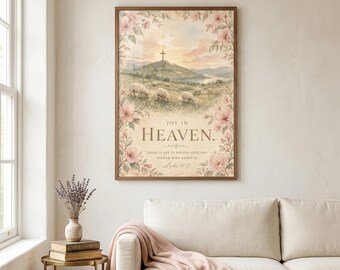 Joy in Heaven Luke 15:7 Watercolor Cross Print, Shepherd and Flock Christian Wall Art, Bible Verse Digital Download Faith Decor