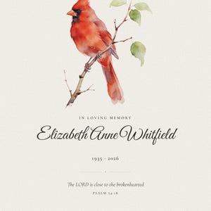 Second personalization example showing how a longer loved one's name fits the classic cardinal memorial layout. The print displays In Loving Memory, Alexandra Catherine Montgomery, 1937 to 2026, with Psalm 34:18 and The Lord is close to the brokenhearted. Balanced spacing around the red cardinal demonstrates that a longer name remains graceful, centered and easy to read.