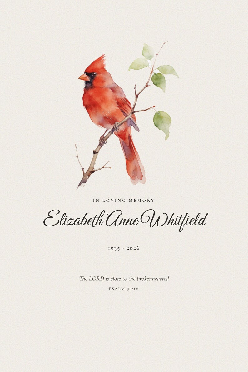 Second personalization example showing how a longer loved one's name fits the classic cardinal memorial layout. The print displays In Loving Memory, Alexandra Catherine Montgomery, 1937 to 2026, with Psalm 34:18 and The Lord is close to the brokenhearted. Balanced spacing around the red cardinal demonstrates that a longer name remains graceful, centered and easy to read.