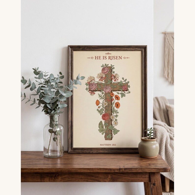 William Morris He is Risen Cross Print – Floral Easter Christian Decor, — "He is not here; He has risen, just as He said", in vintage William Morris Arts and Crafts botanical style with ornate floral border on aged cream parchment, showcased in an elegant contemporary home interior with curated decor elements, demonstrating how this Christian art piece elevates any living space