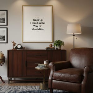 Train Up a Child in the Way He Should Go Proverbs 22:6 Wall Art Christian Father — close-up detail of typography and paper texture. This Fathers Day christian scripture wall art print features beautiful serif typography on warm cream background. Proverbs 22:6 bible verse digital download printable for home office bedroom living room gallery wall decor. Perfect christian gift idea from TheFramed...