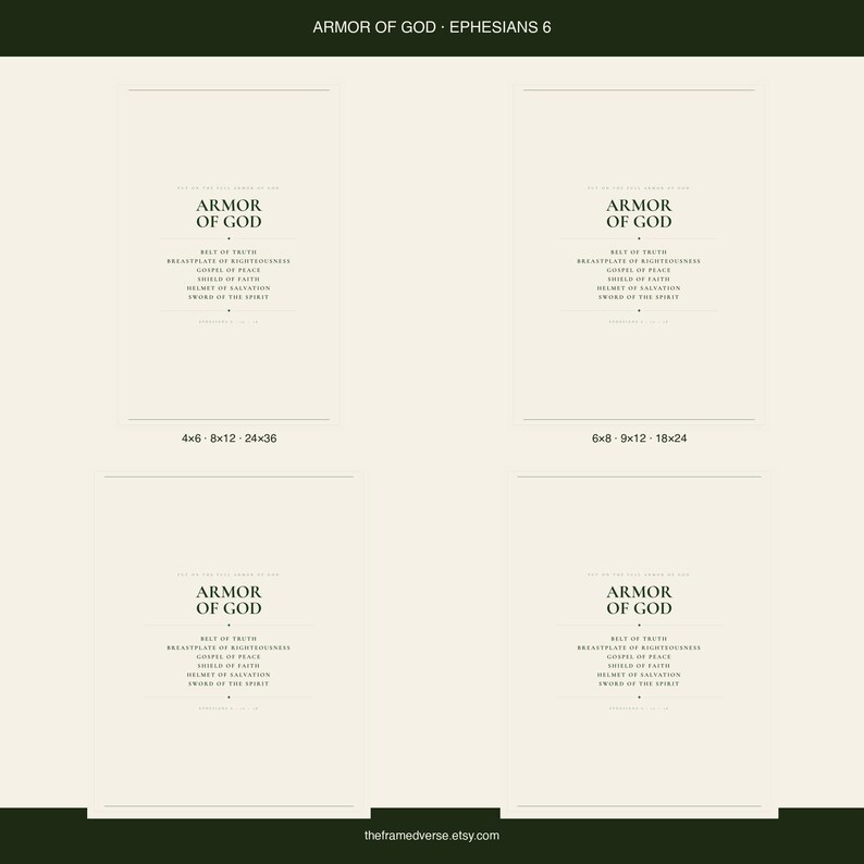 Armor of God Ephesians 6 scripture print bold minimalist christian wall art boys room confirmation baptism gift dark forest green typography on warm cream background, digital download all four print sizes 2x3 3x4 4x5 11x14 inch instant download what you get, digital download printable wall art instant download