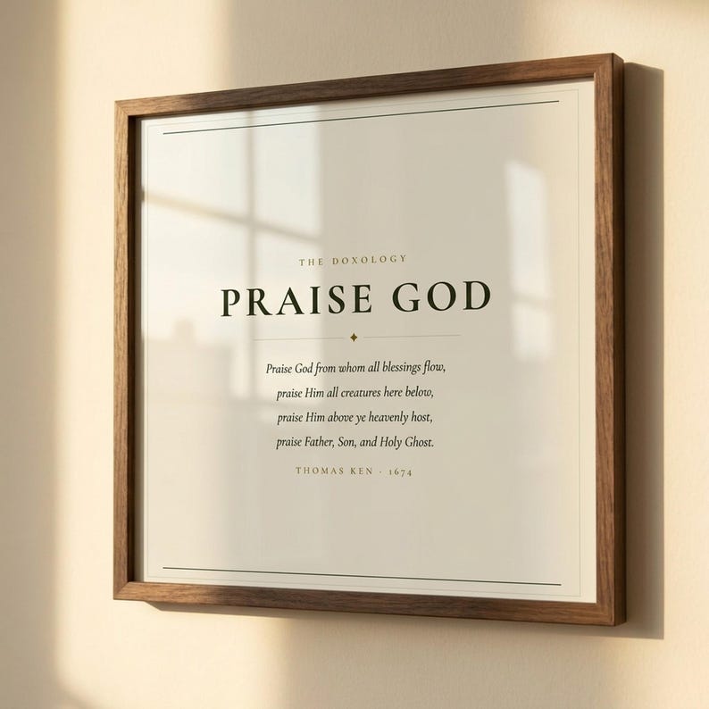 Close-up detail of Doxology Praise God From Whom All Blessings Flow hymn print in warm walnut float frame with glass and natural golden window light, dark forest green Cormorant Garamond serif typography on warm cream paper, christian hymn song lyric art detail doxology wall art print baptism confirmation