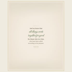 Romans 8:28 farmhouse scripture wall art print featuring All Things Work Together for Good bible verse in elegant calligraphy script and warm sage green tones on linen textured background. Christian home decor printable with laurel wreath motif, perfect as baptism gift, housewarming gift, or bedroom wall art. Digital download, high resolution 300 DPI.