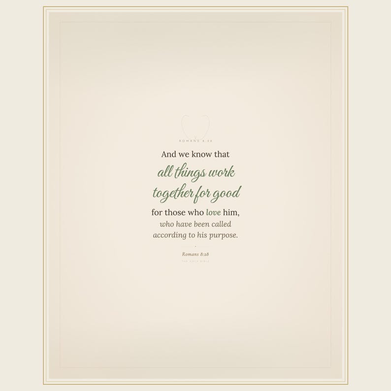 Romans 8:28 farmhouse scripture wall art print featuring All Things Work Together for Good bible verse in elegant calligraphy script and warm sage green tones on linen textured background. Christian home decor printable with laurel wreath motif, perfect as baptism gift, housewarming gift, or bedroom wall art. Digital download, high resolution 300 DPI.
