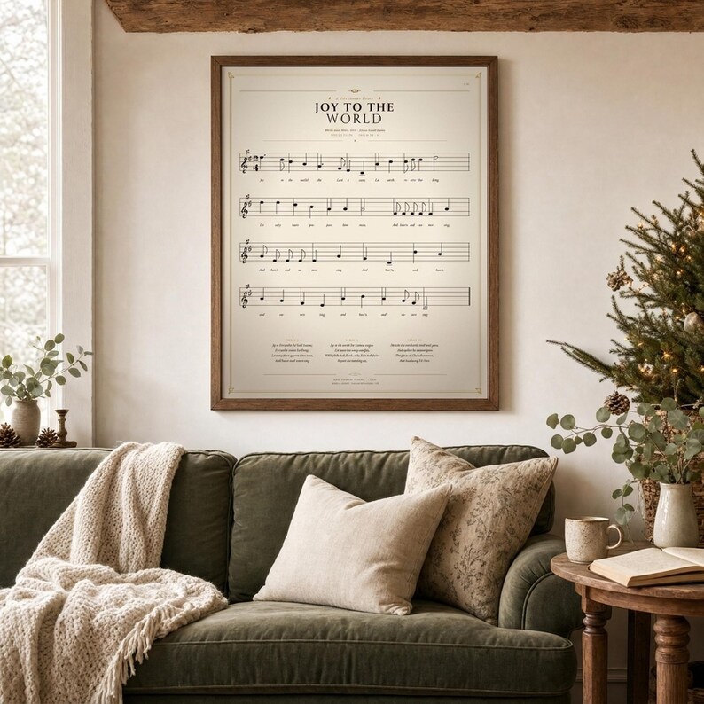 Joy to the World vintage hymn print featuring Psalm 98:4 in an oak frame above a sage-green linen sofa with a knit throw and cream pillows, a pine sprig and soft warm window light, cozy farmhouse living room. Single holiday Christian sheet music wall art download from TheFramedVerse Etsy, the carol on a warm sepia hymnal page in cream and antique black.