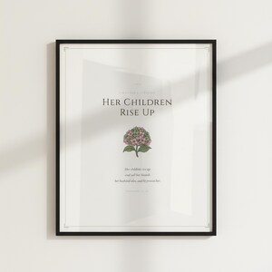 Proverbs 31 28 Mothers Day Print Her Children Rise Up Blessed Christian Wall Art, in gentle sage green nursery design with soft botanical watercolor illustration and calming earth tones, presented showing all included print sizes — 5x7, 8x10, 11x14, 16x20, A4 and A3 — each in crisp JPG and PDF format at professional 300 DPI resolution for sharp printing at home or any local print shop