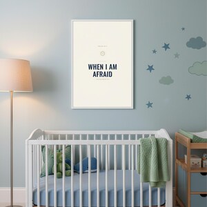 When I Am Afraid I Put My Trust in You Psalm 56:3 Wall Art Christian Boys Room P — shelf mockup leaning on wood shelf with decorative items. This elegant christian scripture wall art print features beautiful serif typography on warm cream background. Psalm 56:3 bible verse digital download printable for home office bedroom living room gallery wall decor. Perfect christian gift idea from TheFram...