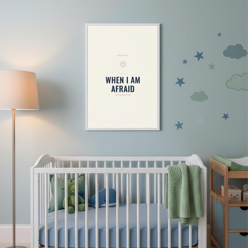 When I Am Afraid I Put My Trust in You Psalm 56:3 Wall Art Christian Boys Room P — shelf mockup leaning on wood shelf with decorative items. This elegant christian scripture wall art print features beautiful serif typography on warm cream background. Psalm 56:3 bible verse digital download printable for home office bedroom living room gallery wall decor. Perfect christian gift idea from TheFram...