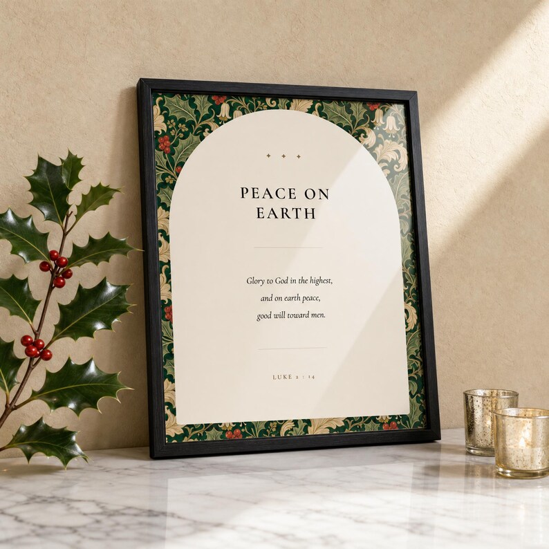 Peace on Earth Scripture Print | Luke 2:14 Christmas Wall Art | William Morris Botanical Nativity Printable image 9
