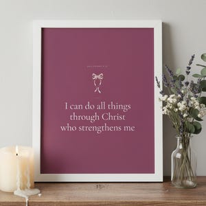 Pink Coquette Christian Wall Art Set of 9 Bible Verse Scripture Print Blush Flor — close-up detail of typography and paper texture. This coquette bow, botanical, pink blush christian scripture wall art print features beautiful serif typography on warm cream background. digital download printable for home office bedroom living room gallery wall decor. Perfect christian gift idea from TheFramedVe...