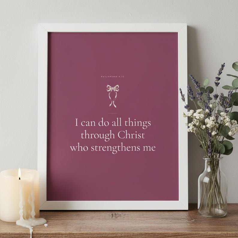 Pink Coquette Christian Wall Art Set of 9 Bible Verse Scripture Print Blush Flor — close-up detail of typography and paper texture. This coquette bow, botanical, pink blush christian scripture wall art print features beautiful serif typography on warm cream background. digital download printable for home office bedroom living room gallery wall decor. Perfect christian gift idea from TheFramedVe...