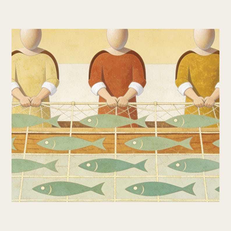 Close detail of The Great Catch of Fish, highlighting the rope grid, sage fish forms, ochre robes, carved boat, pale water, and softly weathered surface. The crop reveals softly modeled faceless forms, muted pigment transitions, fine cracks, and paperlike texture in the modern fresco illustration. This view focuses on the artwork surface rather than frame or room styling.