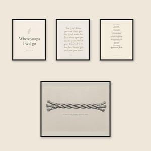 Gallery wall displaying the Wedding Scripture Print Set of 4 in coordinated neutral frames. The landscape A Cord of Three Strands, Ecclesiastes 4:12 artwork anchors the arrangement, joined by The Lord Bless You and Keep You, Where You Go I Will Go, and Love Is Patient, Love Is Kind Scripture prints for a Christian wedding or newlywed home.