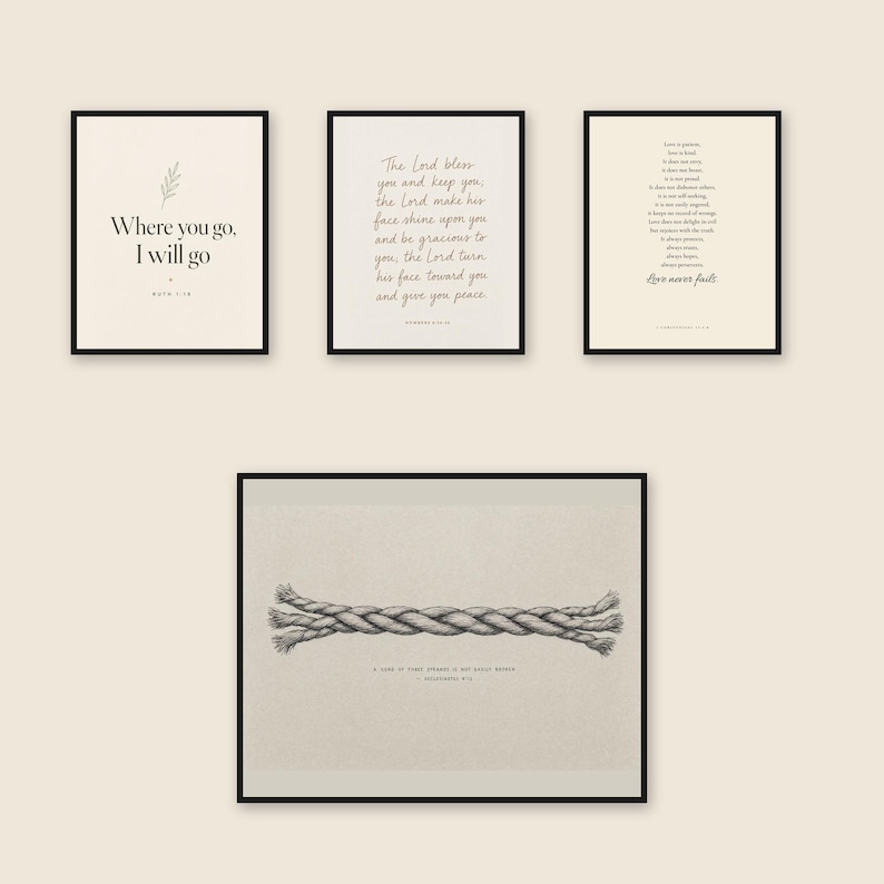 Gallery wall displaying the Wedding Scripture Print Set of 4 in coordinated neutral frames. The landscape A Cord of Three Strands, Ecclesiastes 4:12 artwork anchors the arrangement, joined by The Lord Bless You and Keep You, Where You Go I Will Go, and Love Is Patient, Love Is Kind Scripture prints for a Christian wedding or newlywed home.