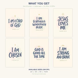 Complete overview of Kids Christian wall art set of 6 — six hand-lettered bible verse affirmation prints shown with size guides. Includes Psalm 139:14, Mark 10:14, 1 Peter 2:9, Psalm 34:8, Joshua 1:9, John 1:12. Available in 4 aspect ratios for flexible printing — perfect christian gift idea and nursery wall art.