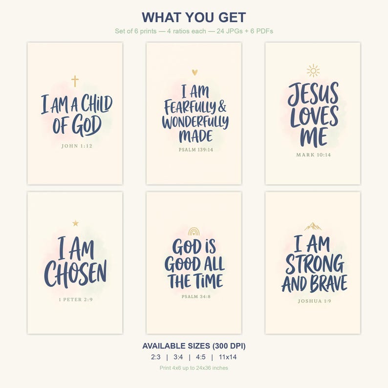 Complete overview of Kids Christian wall art set of 6 — six hand-lettered bible verse affirmation prints shown with size guides. Includes Psalm 139:14, Mark 10:14, 1 Peter 2:9, Psalm 34:8, Joshua 1:9, John 1:12. Available in 4 aspect ratios for flexible printing — perfect christian gift idea and nursery wall art.
