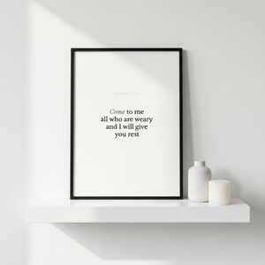 Scripture Wall Art Set of 6 Minimalist Bible Verse Prints Modern Christian Home  — room setting mockup in cozy living space with complementary decor. This modern minimalist christian scripture wall art print features beautiful serif typography on warm cream background. digital download printable for home office bedroom living room gallery wall decor. Perfect christian gift idea from TheFramedVe...